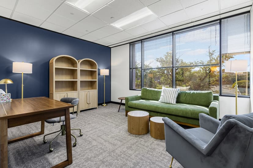 Austin office with navy accent wall
